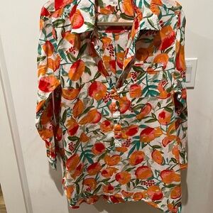 Violet Kay Fruit Print Cotton Tunic Top Oversized L Orange Green Boho